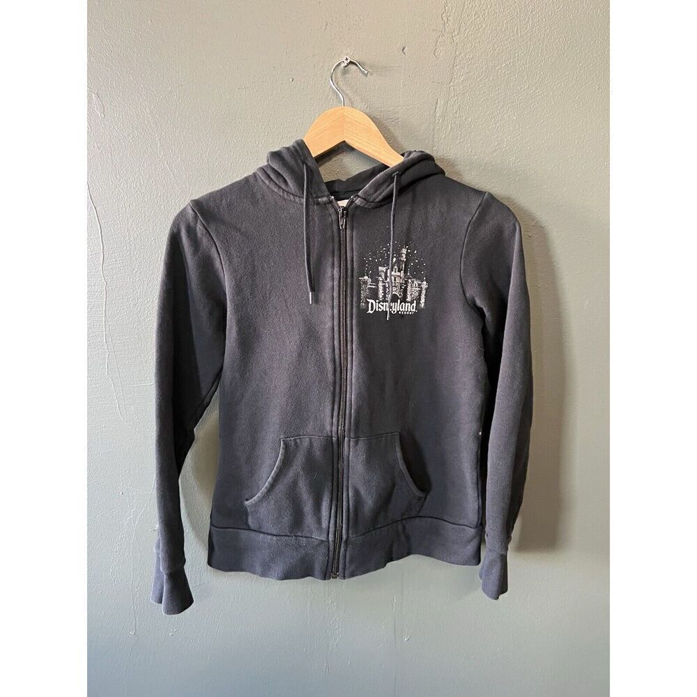 Disney Parks Womens Black Full Zip Black Castle Graphic Hooded Sweater sz Small